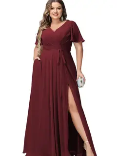A-Line/Princess Chiffon V-Neck Short Sleeves Floor-Length Bridesmaid Dresses — view 6