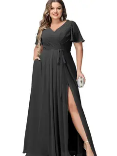 A-Line/Princess Chiffon V-Neck Short Sleeves Floor-Length Bridesmaid Dresses — view 7