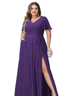A-Line/Princess Chiffon V-Neck Short Sleeves Floor-Length Bridesmaid Dresses — view 8