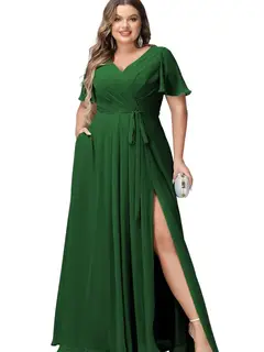 A-Line/Princess Chiffon V-Neck Short Sleeves Floor-Length Bridesmaid Dresses — view 9