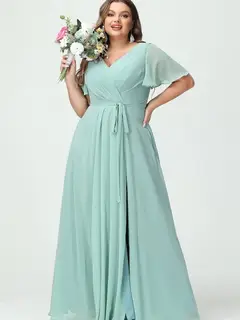 A-Line/Princess Chiffon V-Neck Short Sleeves Floor-Length Bridesmaid Dresses — view 10