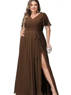A-Line/Princess Chiffon V-Neck Short Sleeves Floor-Length Bridesmaid Dresses — view 11