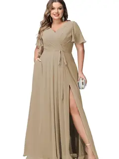 A-Line/Princess Chiffon V-Neck Short Sleeves Floor-Length Bridesmaid Dresses — view 12
