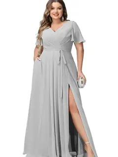 A-Line/Princess Chiffon V-Neck Short Sleeves Floor-Length Bridesmaid Dresses — view 13