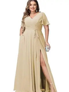 A-Line/Princess Chiffon V-Neck Short Sleeves Floor-Length Bridesmaid Dresses — view 14