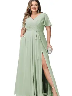 A-Line/Princess Chiffon V-Neck Short Sleeves Floor-Length Bridesmaid Dresses — view 15