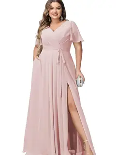 A-Line/Princess Chiffon V-Neck Short Sleeves Floor-Length Bridesmaid Dresses — view 17