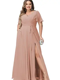 A-Line/Princess Chiffon V-Neck Short Sleeves Floor-Length Bridesmaid Dresses — view 18