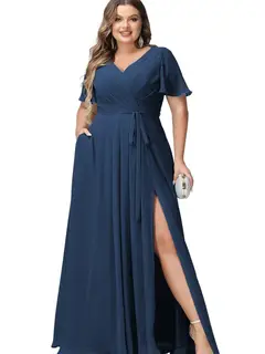 A-Line/Princess Chiffon V-Neck Short Sleeves Floor-Length Bridesmaid Dresses — view 19