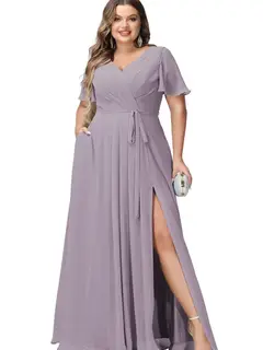 A-Line/Princess Chiffon V-Neck Short Sleeves Floor-Length Bridesmaid Dresses — view 20