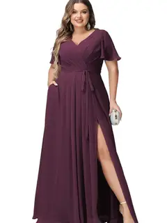 A-Line/Princess Chiffon V-Neck Short Sleeves Floor-Length Bridesmaid Dresses — view 21