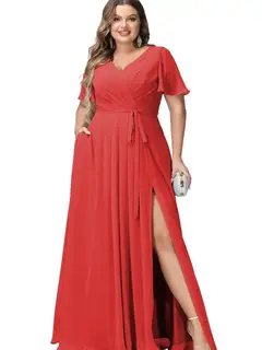 A-Line/Princess Chiffon V-Neck Short Sleeves Floor-Length Bridesmaid Dresses — view 22