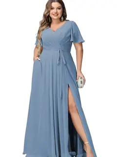 A-Line/Princess Chiffon V-Neck Short Sleeves Floor-Length Bridesmaid Dresses — view 23