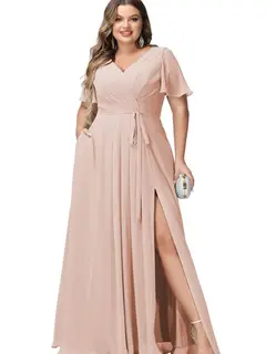 A-Line/Princess Chiffon V-Neck Short Sleeves Floor-Length Bridesmaid Dresses — view 24