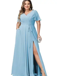 A-Line/Princess Chiffon V-Neck Short Sleeves Floor-Length Bridesmaid Dresses — view 25