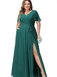 A-Line/Princess Chiffon V-Neck Short Sleeves Floor-Length Bridesmaid Dresses — view 26