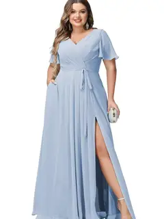 A-Line/Princess Chiffon V-Neck Short Sleeves Floor-Length Bridesmaid Dresses — view 27