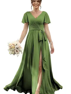 A-Line/Princess Chiffon V-Neck Short Sleeves Floor-Length Bridesmaid Dresses — view 28