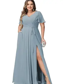 A-Line/Princess Chiffon V-Neck Short Sleeves Floor-Length Bridesmaid Dresses — view 29