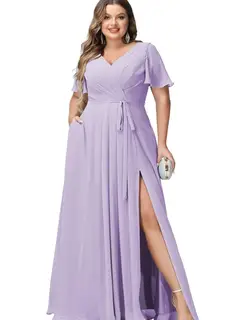 A-Line/Princess Chiffon V-Neck Short Sleeves Floor-Length Bridesmaid Dresses — view 30