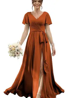 A-Line/Princess Chiffon V-Neck Short Sleeves Floor-Length Bridesmaid Dresses — view 31