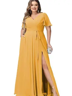 A-Line/Princess Chiffon V-Neck Short Sleeves Floor-Length Bridesmaid Dresses — view 32