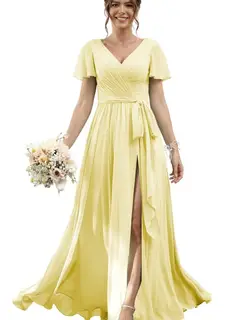 A-Line/Princess Chiffon V-Neck Short Sleeves Floor-Length Bridesmaid Dresses — view 33