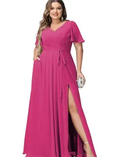 A-Line/Princess Chiffon V-Neck Short Sleeves Floor-Length Bridesmaid Dresses — view 34