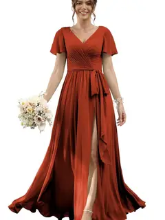 A-Line/Princess Chiffon V-Neck Short Sleeves Floor-Length Bridesmaid Dresses — view 35