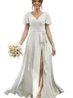 A-Line/Princess Chiffon V-Neck Short Sleeves Floor-Length Bridesmaid Dresses — view 36
