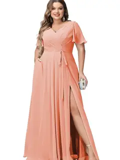 A-Line/Princess Chiffon V-Neck Short Sleeves Floor-Length Bridesmaid Dresses — view 37