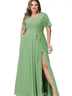 A-Line/Princess Chiffon V-Neck Short Sleeves Floor-Length Bridesmaid Dresses — view 38