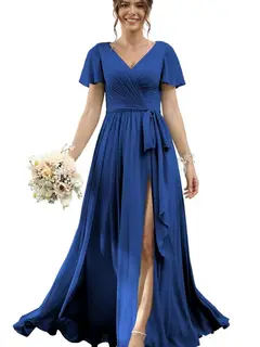 A-Line/Princess Chiffon V-Neck Short Sleeves Floor-Length Bridesmaid Dresses — view 39