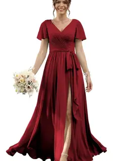 A-Line/Princess Chiffon V-Neck Short Sleeves Floor-Length Bridesmaid Dresses — view 40