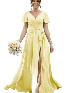 A-Line/Princess Chiffon V-Neck Short Sleeves Floor-Length Bridesmaid Dresses — view 41