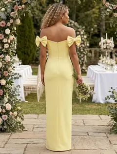 Sheath/Column Satin Off-the-Shoulder Bridesmaid Dresses with Bowknot Sleeveless Floor-Length — view 2