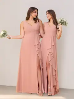 A-Line/Princess V-Neck Sleeveless Floor-Length Chiffon Bridesmaid Dresses with Ruffles & Split Side — view 1