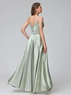 A-Line/Princess V-Neck Sleeveless Ankle-Length Silk Satin Bridemaid Dresses with Pockets & Split Side — view 3