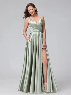 A-Line/Princess V-Neck Sleeveless Ankle-Length Silk Satin Bridemaid Dresses with Pockets & Split Side — view 4