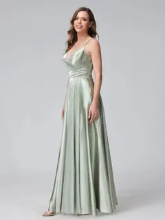 A-Line/Princess V-Neck Sleeveless Ankle-Length Silk Satin Bridemaid Dresses with Pockets & Split Side — view 7