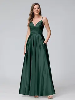A-Line/Princess V-Neck Sleeveless Ankle-Length Silk Satin Bridemaid Dresses with Pockets & Split Side — view 10