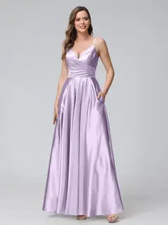 A-Line/Princess V-Neck Sleeveless Ankle-Length Silk Satin Bridemaid Dresses with Pockets & Split Side — view 12