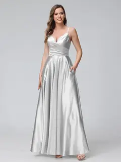 A-Line/Princess V-Neck Sleeveless Ankle-Length Silk Satin Bridemaid Dresses with Pockets & Split Side — view 15