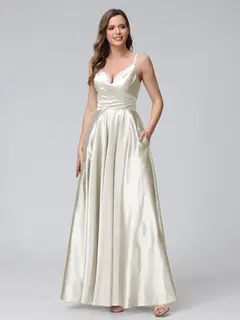 A-Line/Princess V-Neck Sleeveless Ankle-Length Silk Satin Bridemaid Dresses with Pockets & Split Side — view 16