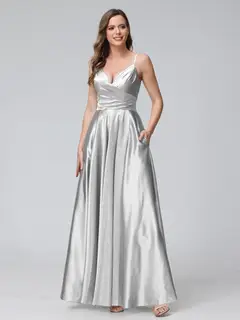 A-Line/Princess V-Neck Sleeveless Ankle-Length Silk Satin Bridemaid Dresses with Pockets & Split Side — view 17