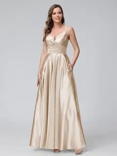 A-Line/Princess V-Neck Sleeveless Ankle-Length Silk Satin Bridemaid Dresses with Pockets & Split Side — view 18