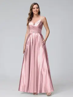 A-Line/Princess V-Neck Sleeveless Ankle-Length Silk Satin Bridemaid Dresses with Pockets & Split Side — view 20