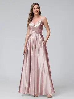 A-Line/Princess V-Neck Sleeveless Ankle-Length Silk Satin Bridemaid Dresses with Pockets & Split Side — view 25