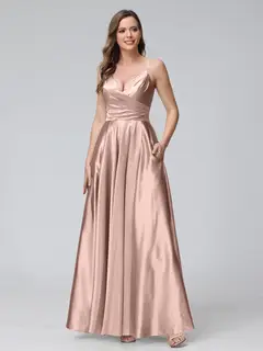 A-Line/Princess V-Neck Sleeveless Ankle-Length Silk Satin Bridemaid Dresses with Pockets & Split Side — view 26