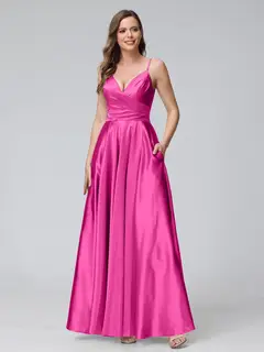 A-Line/Princess V-Neck Sleeveless Ankle-Length Silk Satin Bridemaid Dresses with Pockets & Split Side — view 28
